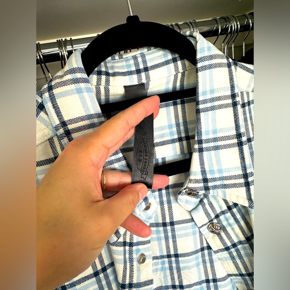 Chrome Hearts Flannel Plaid Shirt Unisex Size Medium Oversized Light Blue Navy - Picture 5 of 16